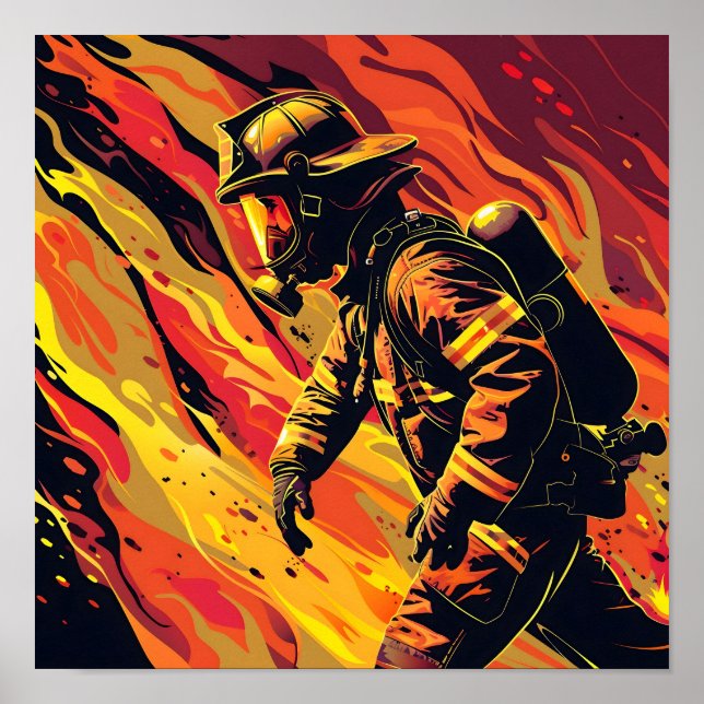 Poster Pompier vectoriel avec Arrière - plan Flames (Devant)