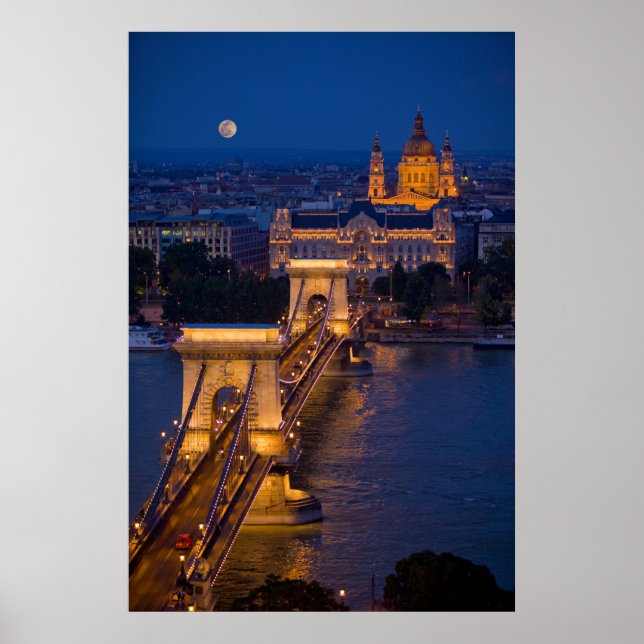 Poster Pont à chaîne et Pleine lune à la nuit (Devant)