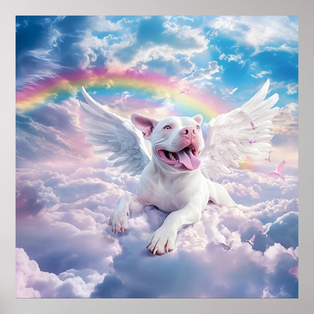 Poster Pont arc-en-ciel, chien blanc au ciel (Devant)