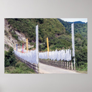 Poster Pont avec drapeaux de prière bouddhiste - Bhoutan