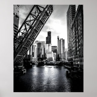 Poster Pont de la rue Kinzie de Chicago noir et blanc