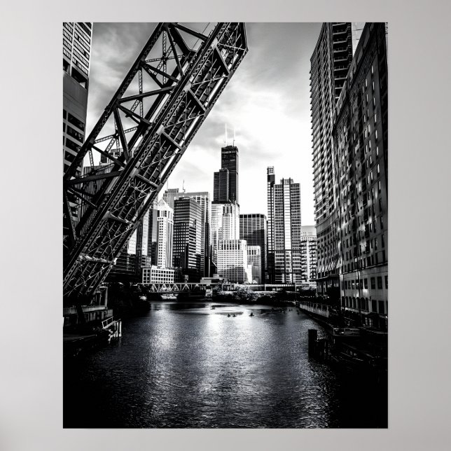 Poster Pont de la rue Kinzie de Chicago noir et blanc (Devant)