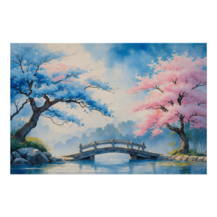 Poster Pont japonais serène avec cerisier en fleurs Paint