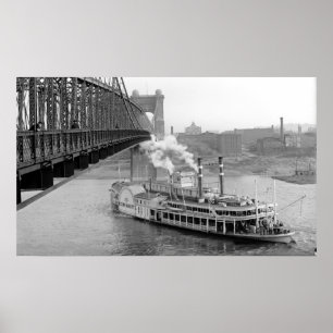 Poster Pont suspendu et bateau à  vapeur de Cincinnati BW