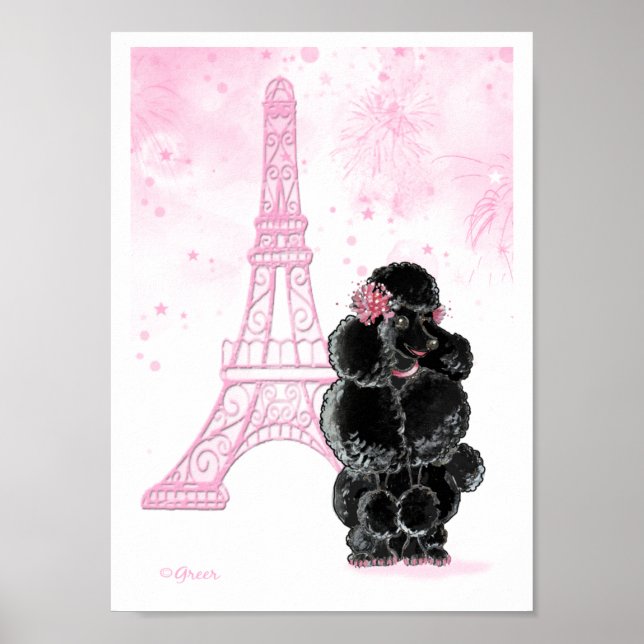 Poster Poodle noir avec tour Eiffel rose (Devant)