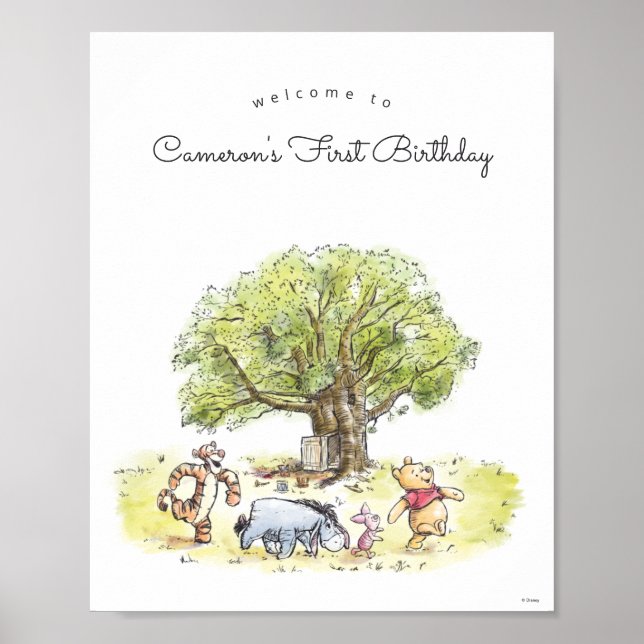 Poster Pooh & Pals Aquarelle Bienvenue 1er anniversaire (Devant)