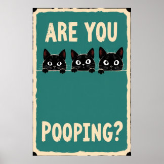 Poster Pooping showing three black cats peeking over