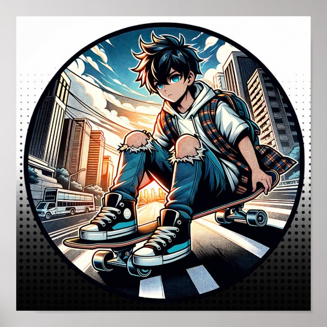 Poster Pop Art Boy sur Skateboard en ville (Devant)