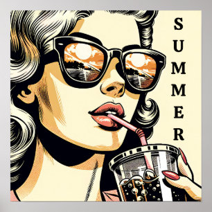 Poster Pop Art Comic Livre Jolie Femme Boire Soda