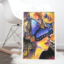 Pop Art Femme Bleu Papillon Portrait