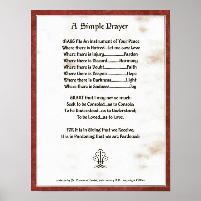 POSTER POPE=ST. FRANCIS=UNE PRIÈRE SIMPLE POUR LA PRIÈRE  (Devant)