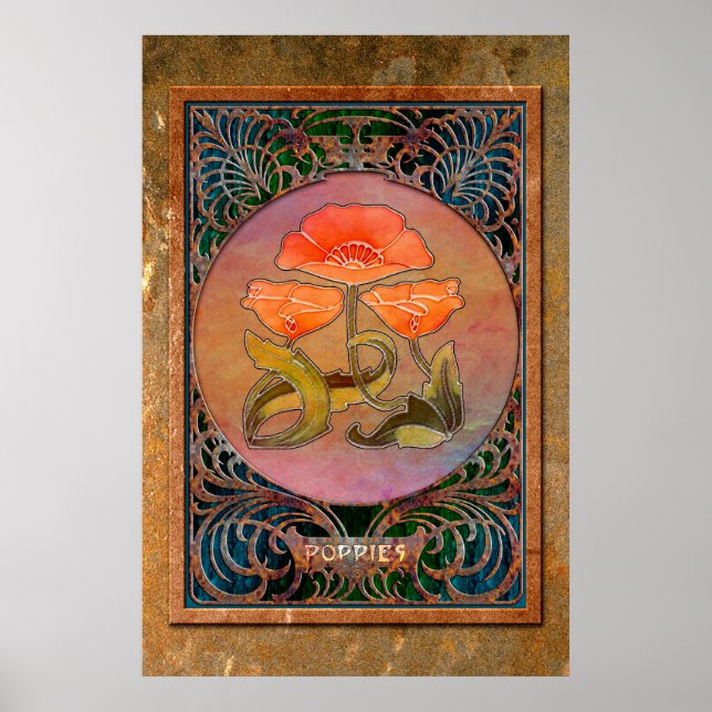 Poster Poppies Art Nouveau en Coppery Mucha Frame (Devant)