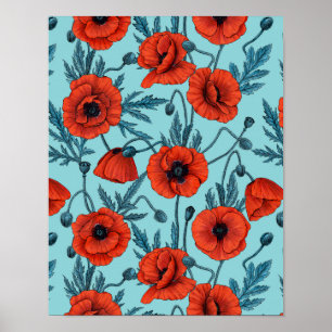 Poster Poppies, rouge et bleu sur le bleu de la piscine