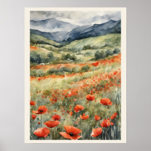 Poster Poppies Sur Le Terrain La Scène Naturelle Aquarell