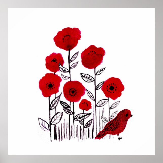 Poster Populations et petit oiseau rouge aquarelle peintu (Devant)