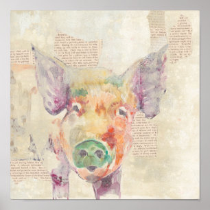 Poster Porc de collage de ferme d'aquarelle