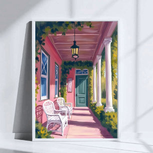 Poster Porche rose   Deck botanique Fleurs aquarelle