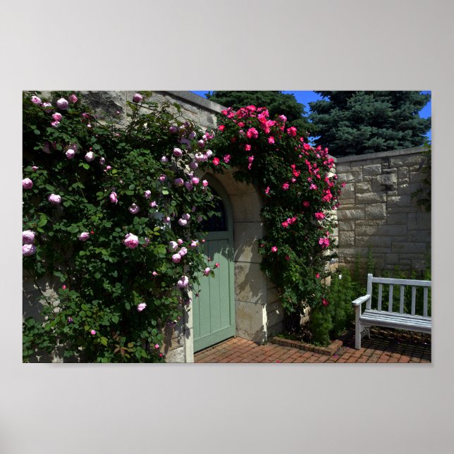 Poster Porte de jardin verte avec banc (Devant)