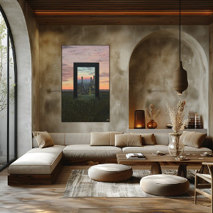 Poster Porte de rêve surréaliste vers la ville dans les c