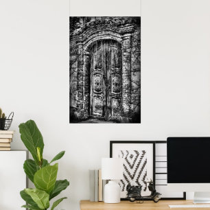Poster Porte en bois sculpté d'un palais abandonné