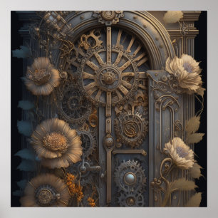 Poster Porte en vapeur avec fleurs