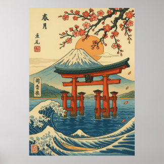 Poster Porte japonaise de Torii et Mont Fuji avec des vag