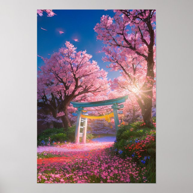 Poster Porte Torii au milieu de la fleur de cerisiers (Devant)
