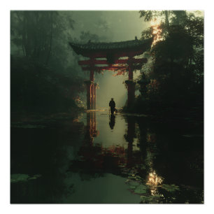 Poster Porte Torii Brumeuse Figure Solitaire à l'Aube