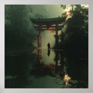Poster Porte Torii Brumeuse Figure Solitaire à l'Aube