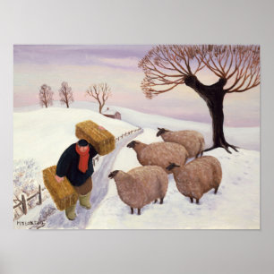 Poster Porter le foin au mouton en hiver