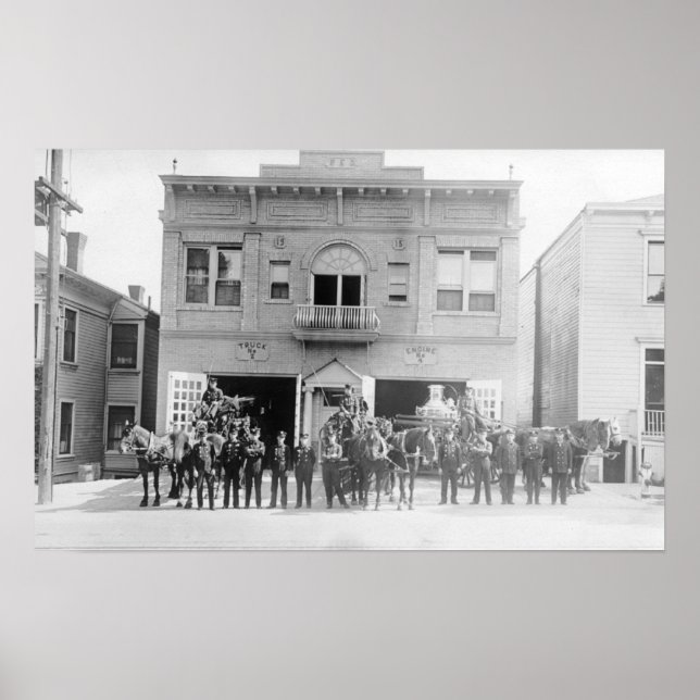 Poster Portland, OR Fire Station Horse Drase and Men (Devant)