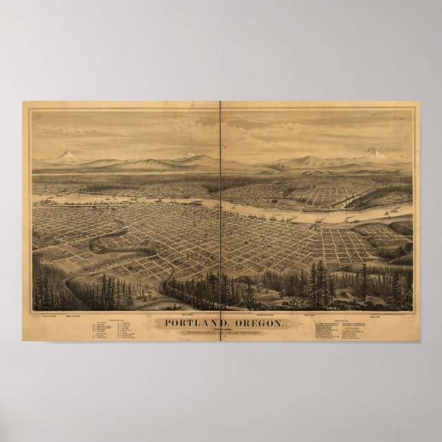 Poster Portland Oregon 1879 Carte panoramique antique (Devant)