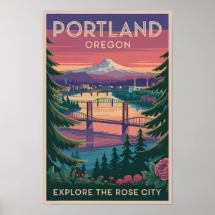 Poster Portland Oregon Mont Hood Voyage Art Rétro
