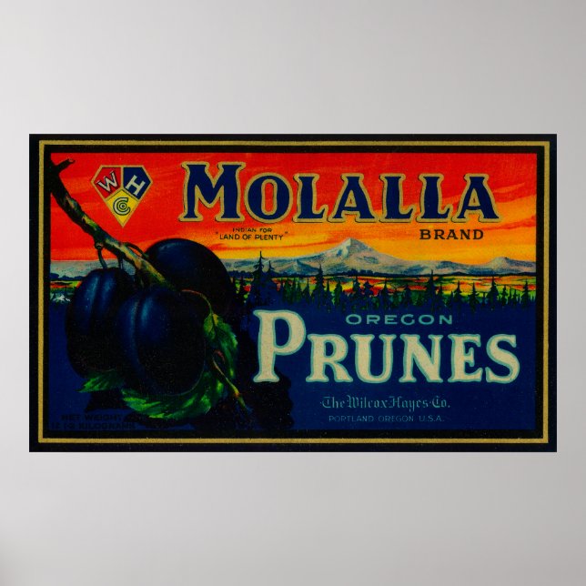 Poster Portland, OregonMolalla Prune Étiquette (Devant)