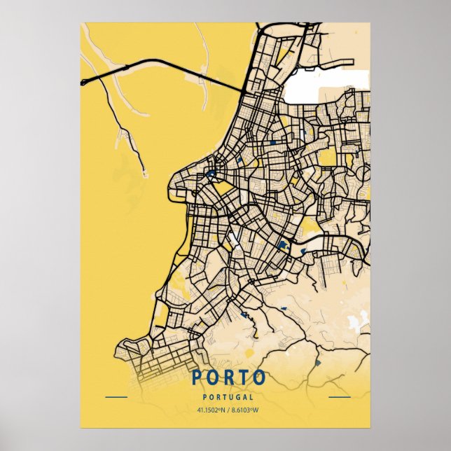 Poster Porto - Portugal Carte de la ville jaune (Devant)
