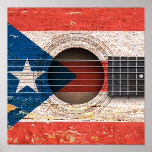 Poster Porto Rico Drapeau sur la vieille guitare acoustiq