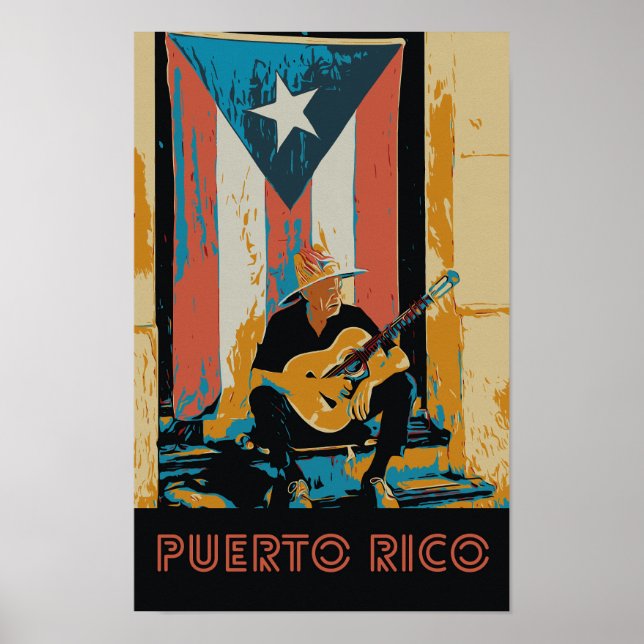 Poster Porto Rico, musicien et drapeau Carte postale (Devant)