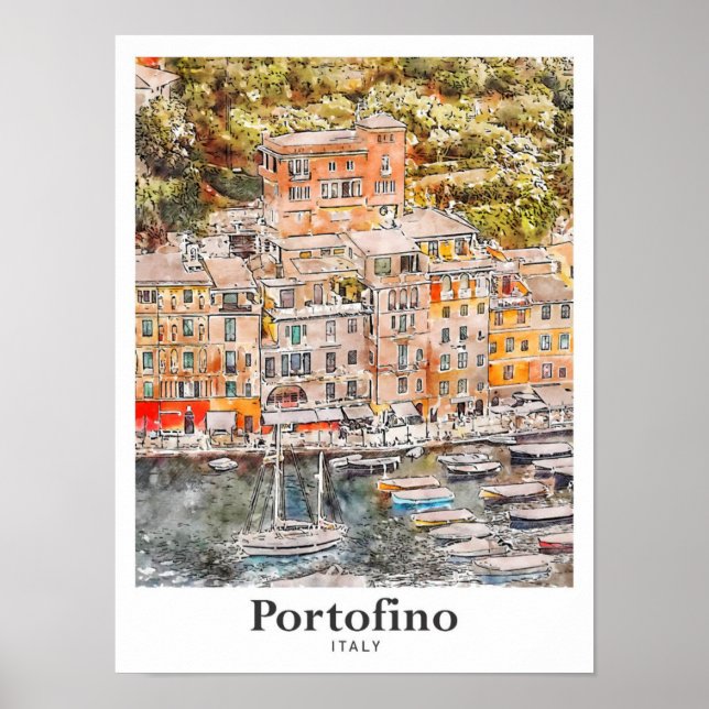Poster Portofino Italie Voyage Aquarelle main tirée (Devant)