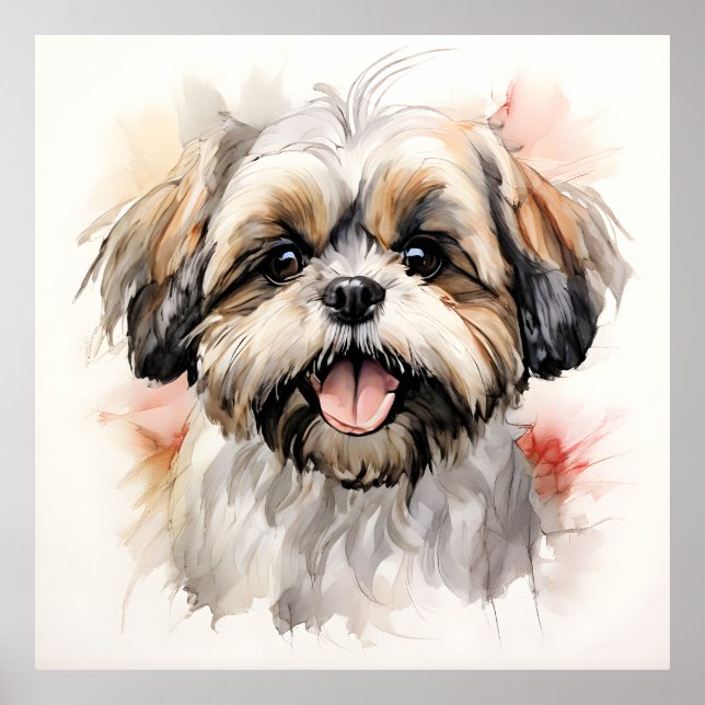 Poster Portrait à l'encre d'un heureux chiot Shih-tzu (Devant)
