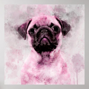 Poster Portrait aquarelle de chien carlin rose 02