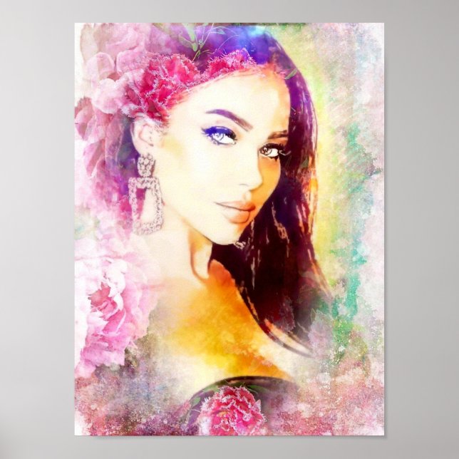 Poster Portrait aquarelle femme fleur (Devant)
