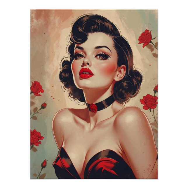Poster Portrait Brunette Pin Up Red Roses (Devant)