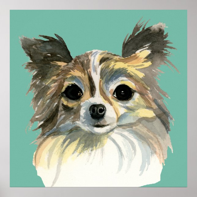 Poster Portrait d'aquarelle Chihuahua pour cheveux longs (Devant)