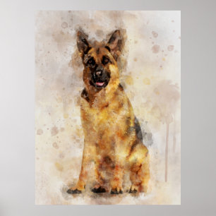 Poster Portrait d'aquarelle de chien berger allemand 03