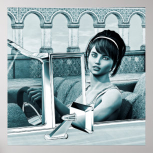 Poster Portrait d'art de femme glamour bleu vintage