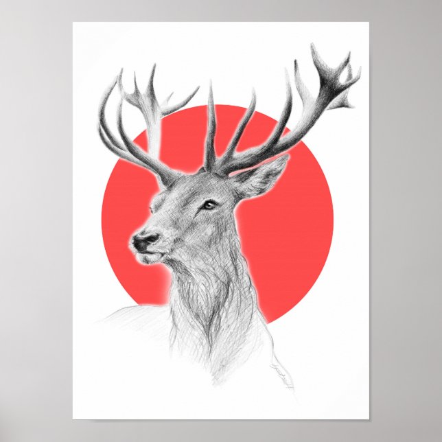 Poster Portrait de cerf dessin Cercle rouge Art animal (Devant)