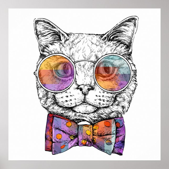 Poster Portrait de chat (A detailed black and white sketch of a cat's face, adorned with round, colorful glasses.)