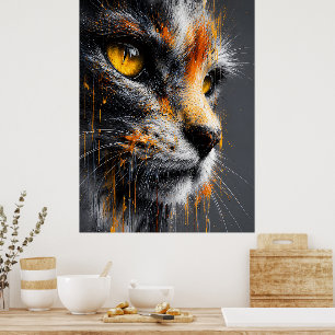 Poster Portrait de chat d'art éclaboussé vibrant orange e