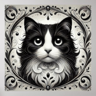 Poster Portrait de chat noir et blanc