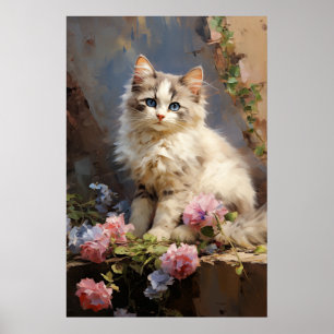 Poster Portrait de chaton Ragdoll avec fleurs